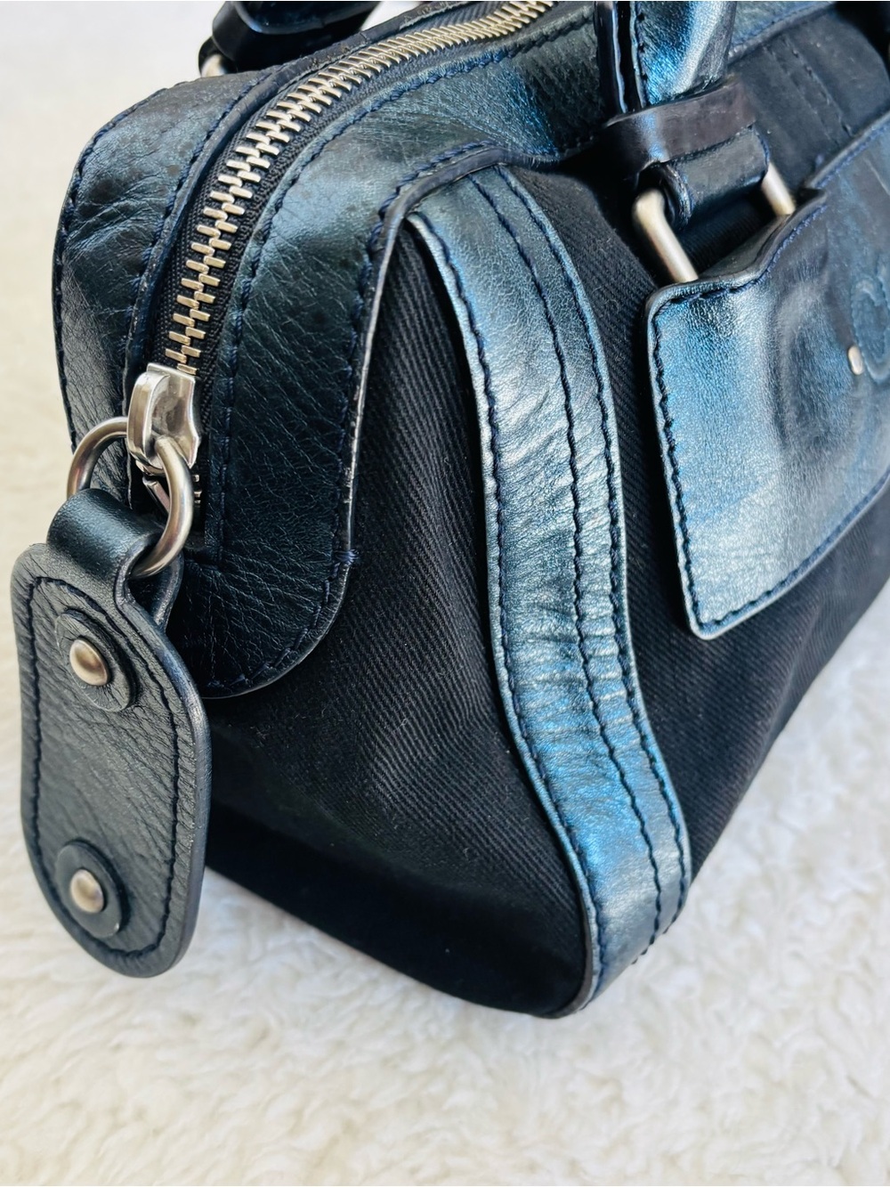Chloe Metallic Blue Leather Black Canvas Handbag/Duffle Bag 12”x8”x7” - Picture 3 of 16